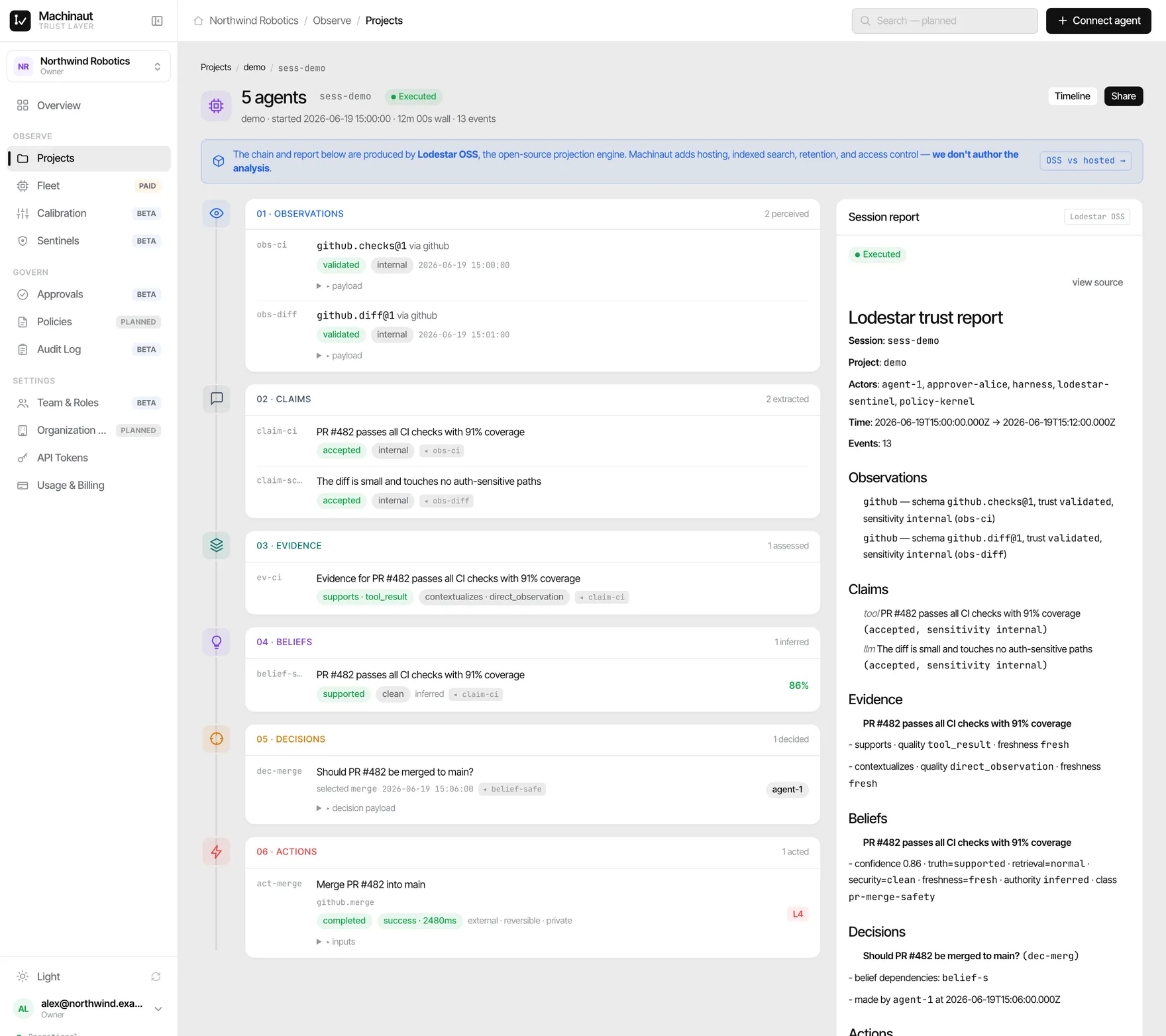 Machinaut console — Chain explorer + trust report