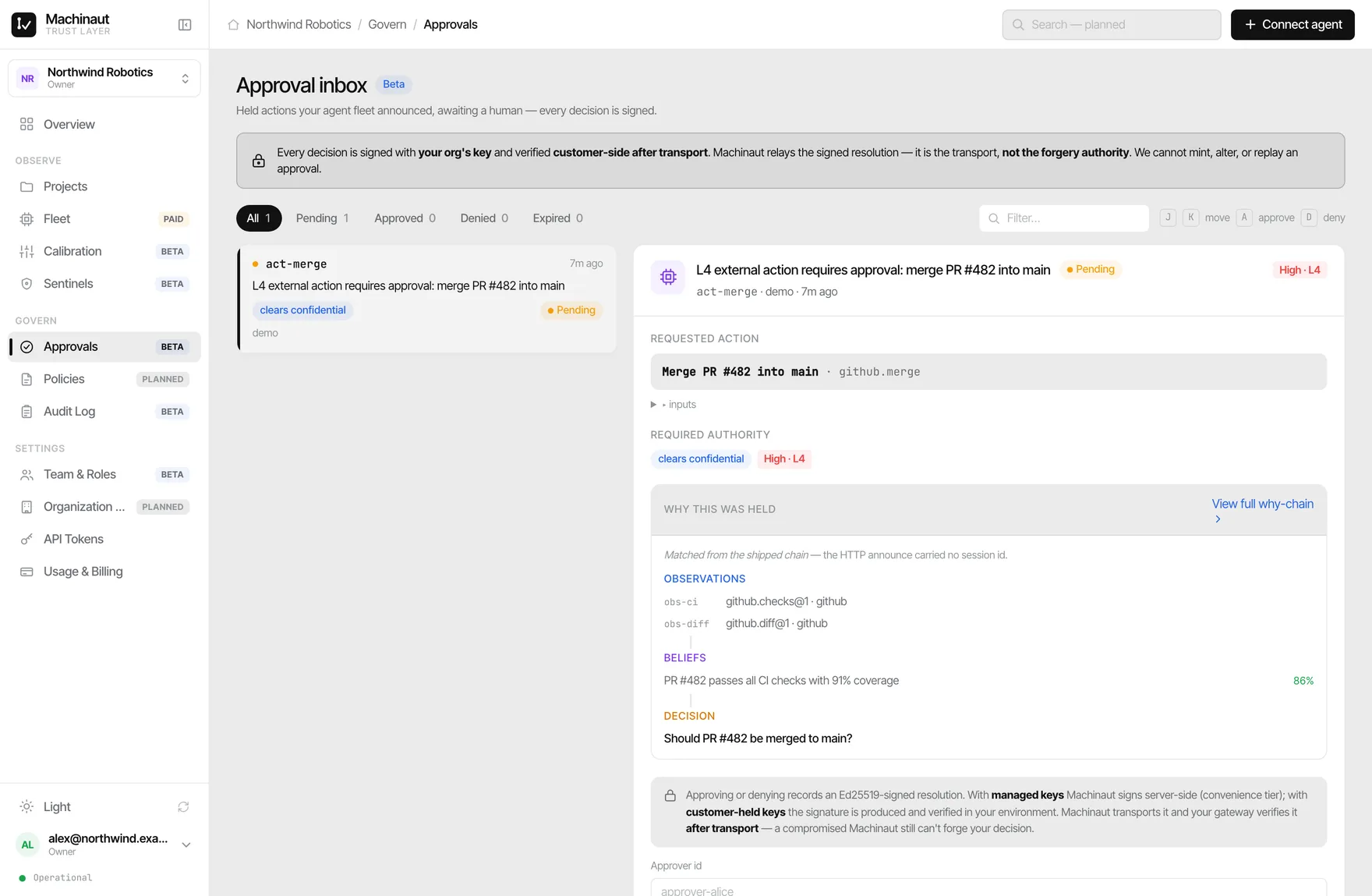 Machinaut console — Approval inbox