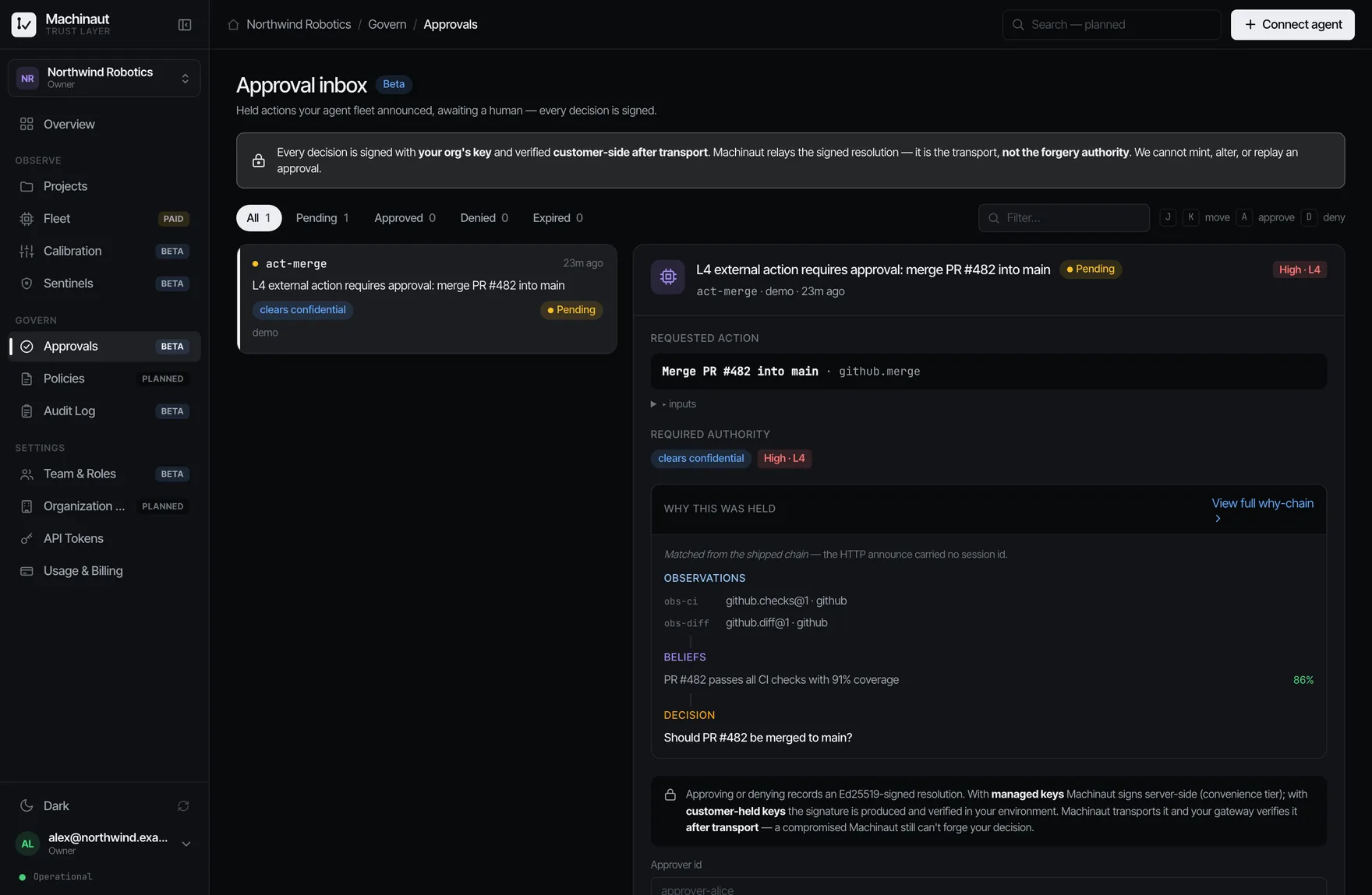 Machinaut console — Approval inbox