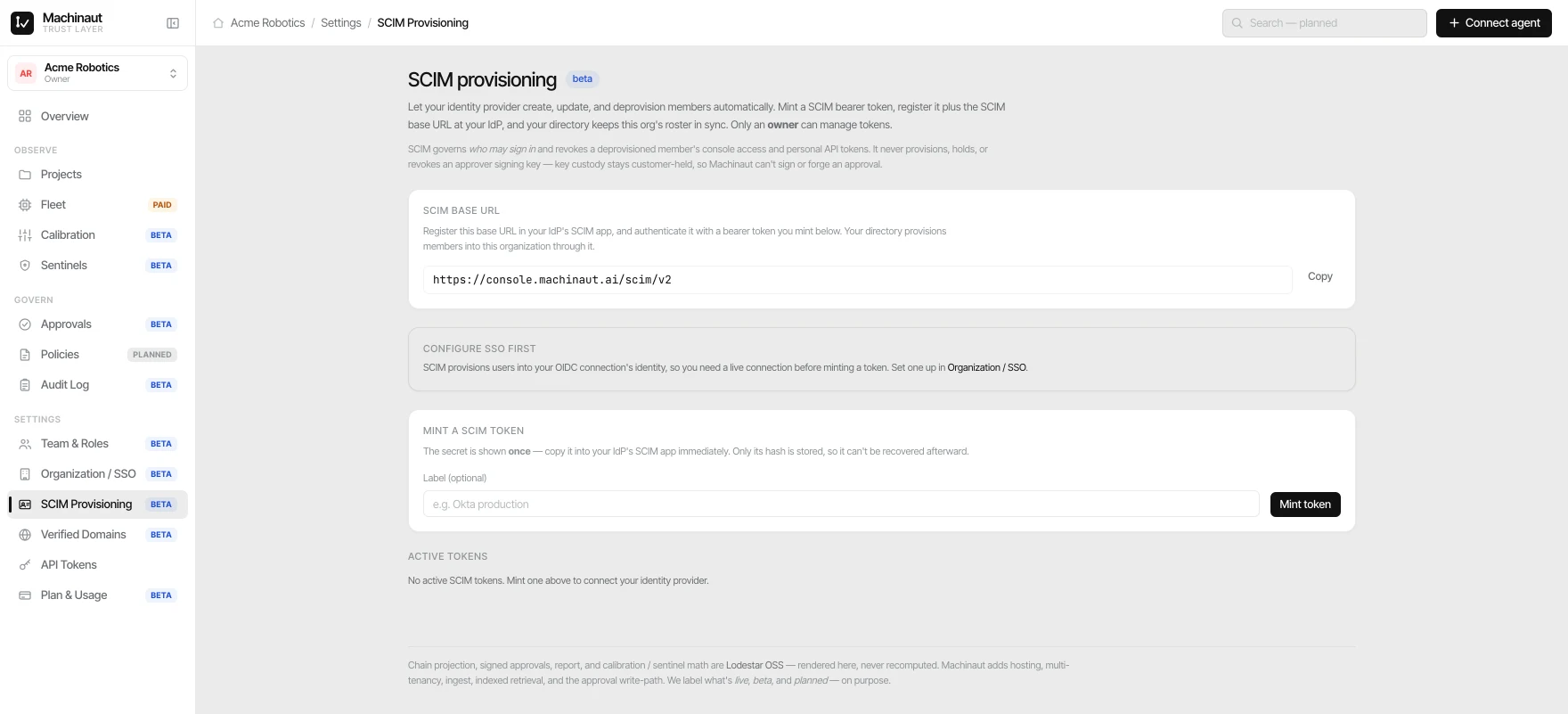 Machinaut console — SCIM 2.0 provisioning