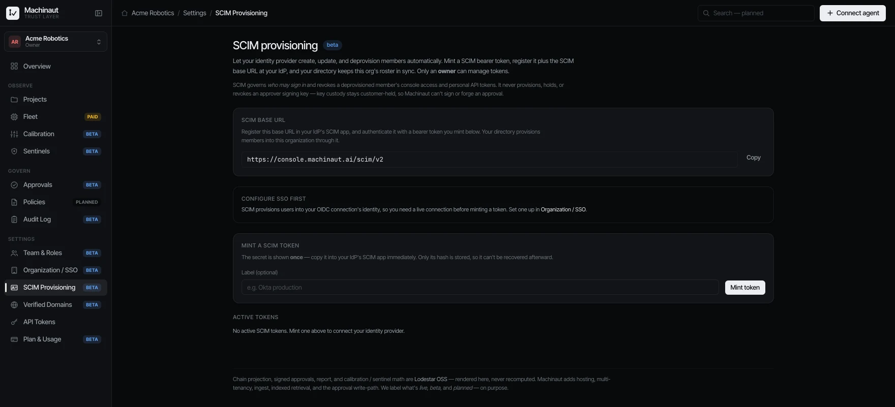 Machinaut console — SCIM 2.0 provisioning
