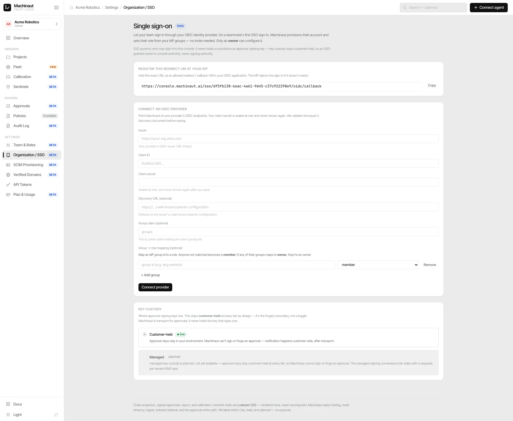 Machinaut console — Single sign-on (OIDC)