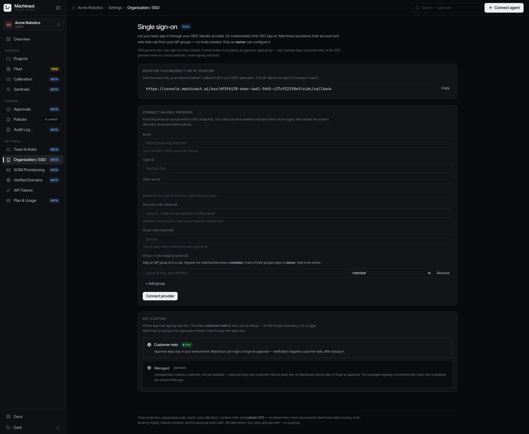 Machinaut console — Single sign-on (OIDC)