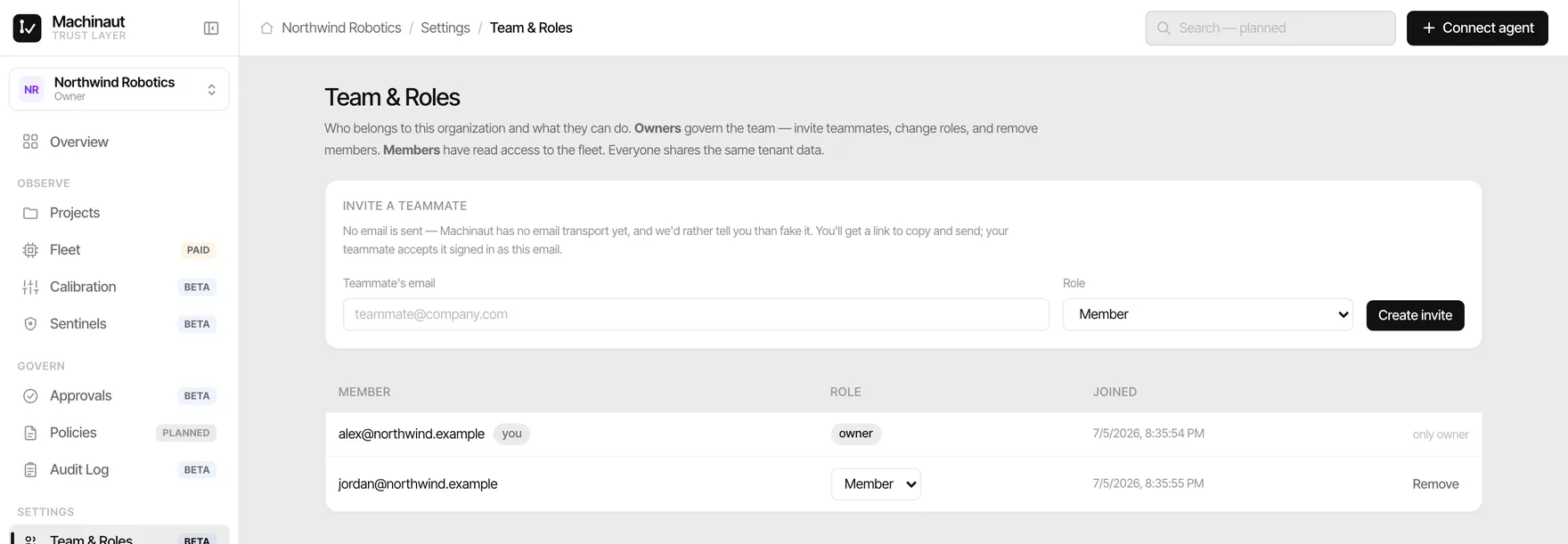 Machinaut console — Team & roles