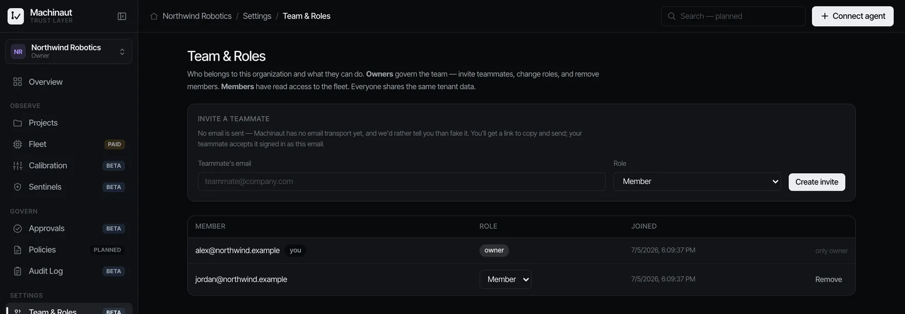Machinaut console — Team & roles
